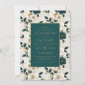 Elegante florale Ivory Dark Aquamarin Gold Wedding Einladung (Vorderseite)
