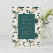 Elegante florale Ivory Dark Aquamarin Gold Wedding Einladung (Stehend Vorderseite)