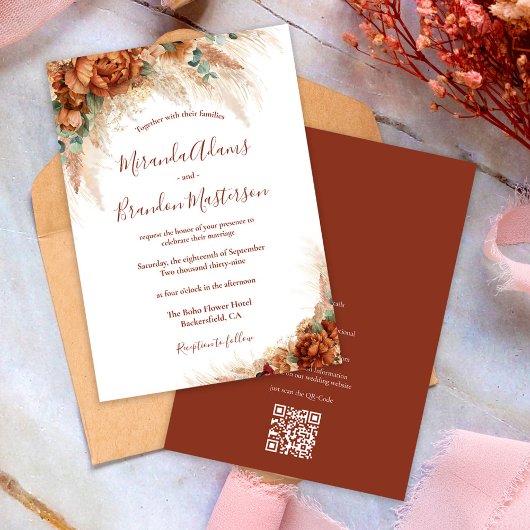 Elegante Florale Kalligrafie QR-CodeBoho-Hochzeit Einladung