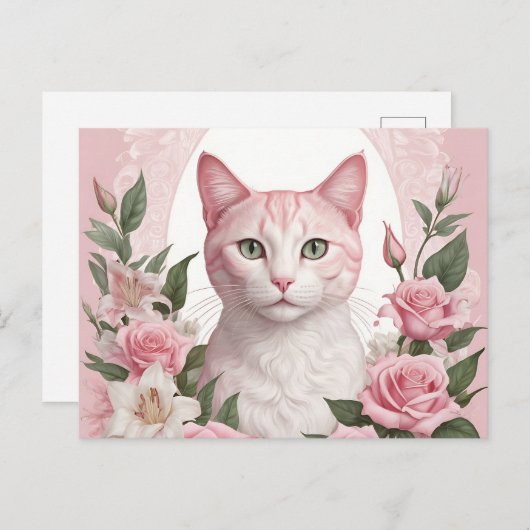 Elegante, florale Katze mit lebhaften Rose und Lil Postkarte (Vorne/Hinten)