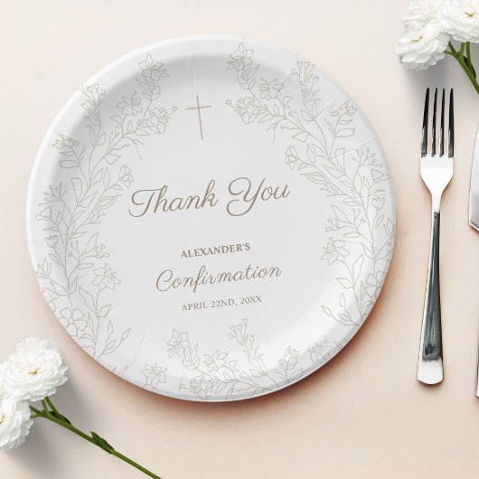 Elegante Florale Kreuz Konfirmation Danke Pappteller