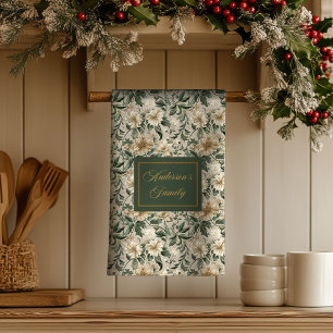 Elegante Florale Kunst Personalisiertes Grün-Gold  Geschirrtuch