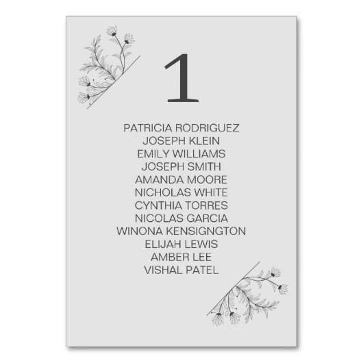 Elegante florale Light Gray Wedding Tischnummer (Vorderseite)