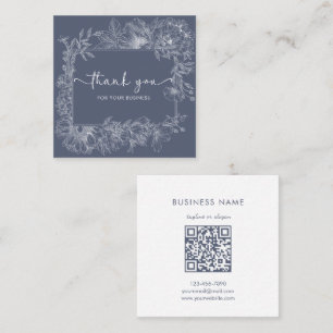 Elegante Florale Linie Dusty Blue QR-Code Danke Quadratische Visitenkarte