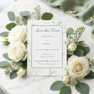Elegante Florale Linienkunst-Hochzeit in Salbeigrü Save The Date