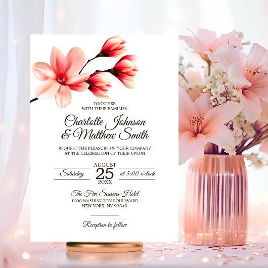 Elegante florale Magnolia Coral Pink Peach Wedding Einladung