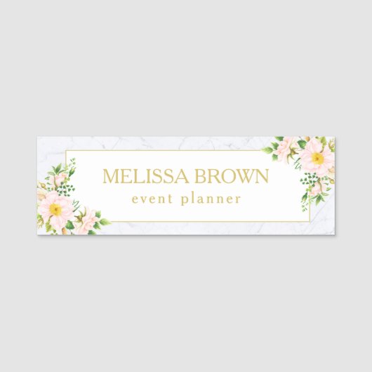 Elegante florale Marmorplatte Chic Trendy Pastel Namensschild (Vorderseite)