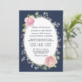 Elegante florale Midnight Blue and Pink Wedding Einladung (Stehend Vorderseite)