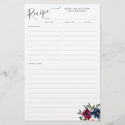 Elegante florale Navy Blue Burgundy Red Recipe Car (Vorderseite)