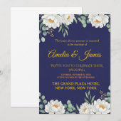 Elegante florale navyblaue Hochzeitseinladung Einladung (Vorne/Hinten)