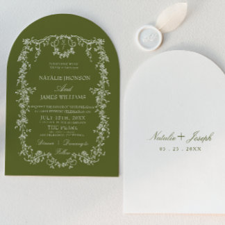 Elegante florale olivgrüne monogrammierte Bogenhoc Einladung