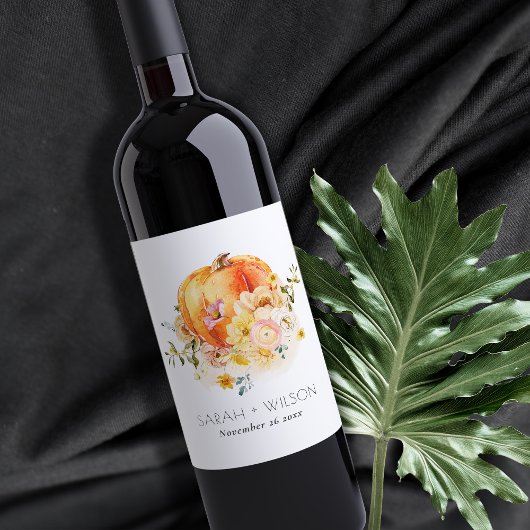 Elegante florale Orange Autumn Pumpkin Wedding Weinetikett