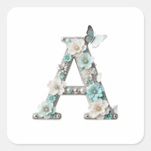 Elegante Florale Perlen mit Ihrem Monogramm A Aufk Quadratischer Aufkleber