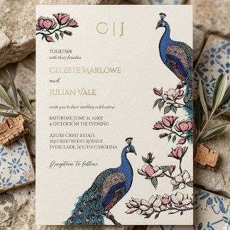 Elegante florale Pfauen-Gold-Hochzeit Folieneinladung