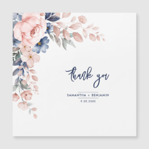 Elegante Florale Pink Blaue Hochzeits-Schrift Dank Magnetkarte