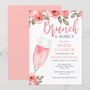 Elegante Florale Pink Brunch & Bubbly Brautparty Einladung