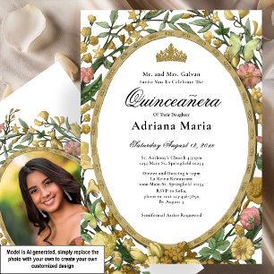 Elegante Florale Quinceanera-Einladung Gelb Gold Einladung