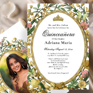 Elegante Florale Quinceanera-Einladung Gelb Gold Einladung