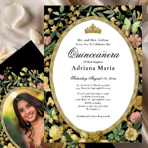 Elegante Florale Quinceanera-Einladung Gelb Gold Einladung