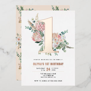 Elegante Florale Rosa 1. Geburtstagseinladung Foli Folieneinladung