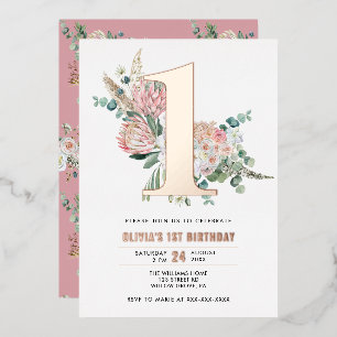 Elegante Florale Rosa 1. Geburtstagseinladung Folieneinladung
