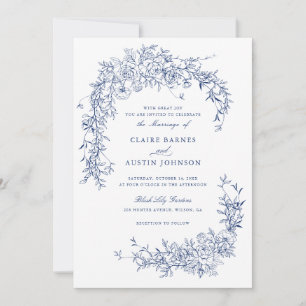 Elegante florale Rose Navy Blue Wedding Monogram Einladung