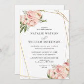 Elegante florale Rose Rosa Geo Wedding Einladung (Vorne/Hinten)