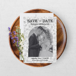 Elegante Florale Rose Schwarz Weiß Hochzeit Save The Date