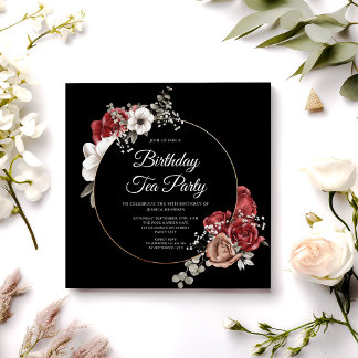 Elegante Florale Rot-Rosa-Gold-Geburtstags-Teepart Einladung