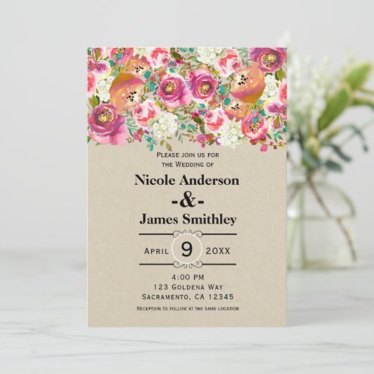 Elegante florale Rustic Chic Kraft Monogram Weddin Einladung (Stehend Vorderseite)