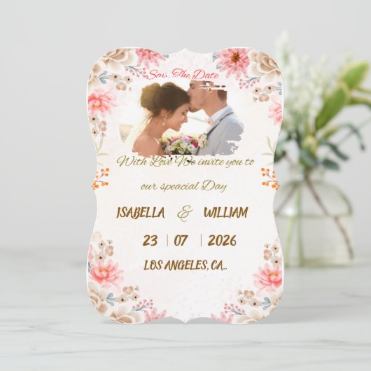 Elegante, florale Save the Date-Karte Date (Stehend Vorderseite)
