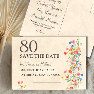Elegante Florale "Save the Date" zum 80. Geburtsta Ankündigungspostkarte