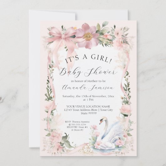 Elegante florale Schwanenschwänze Blush Pink Ribbo Einladung (Vorderseite)