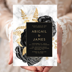 Elegante Florale Schwarz Gold Grau Marmor Hochzeit Einladung