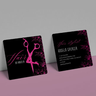 Elegante Florale Schwarz & Rosa Haarstudio-Schönhe Quadratische Visitenkarte