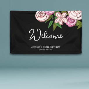 Elegante Florale Schwarze 60. Geburtstagsbegrüßung Banner