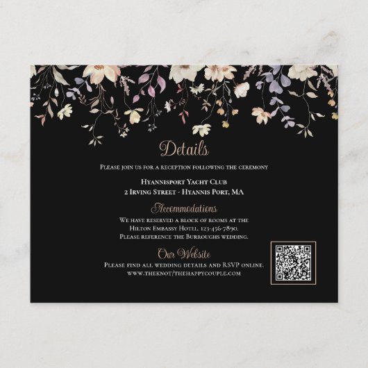Elegante Florale Schwarze Boho QR-Code Hochzeitsde Begleitkarte (Vorderseite)