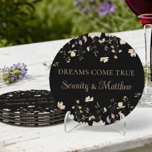 Elegante Florale Schwarze Boho-Träume Werden Wirkl Runder Pappuntersetzer
