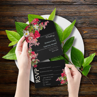 Elegante Florale Schwarze & Farbige Hochzeitseinla All In One Einladung