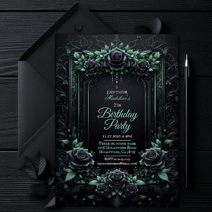 Elegante Florale Schwarze und Grüne Party-Einladun Einladung