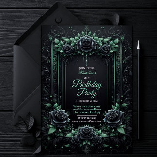 Elegante Florale Schwarze und Grüne Party-Einladun Einladung