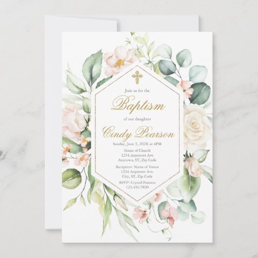 Elegante, florale Taufe Einladung (Vorderseite)
