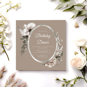 Elegante Florale Taupe-Beige-Geburtstags-Dinnerpar Einladung
