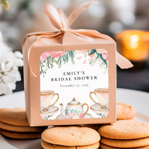 Elegante Florale Teeparty-Hochzeitsdusche Quadratischer Aufkleber