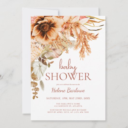 Elegante florale Terracotta Fall Baby Dusche Einladung (Vorderseite)