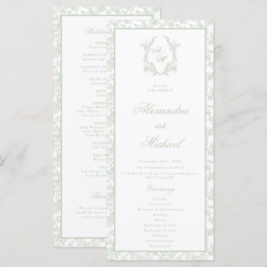 Elegante Florale Toile-Krone-Monogramm-Hochzeit Programm (Vorne/Hinten)