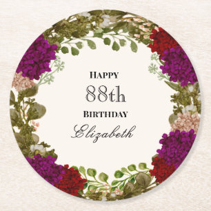 Elegante Florale Umrandung Frau 88. Geburtstag Cus Runder Pappuntersetzer