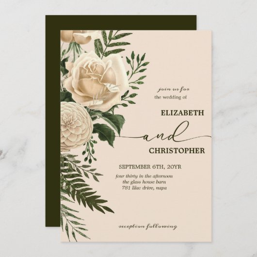 Elegante florale Vegetation und Cream Bouquets Wed Einladung (Vorne/Hinten)