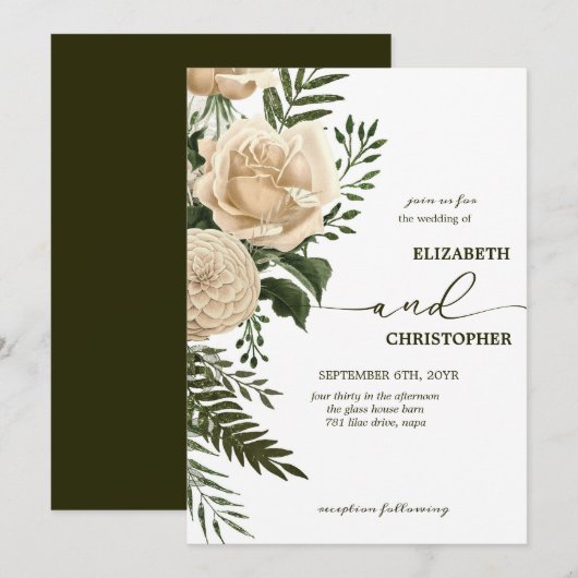 Elegante florale Vegetation und Cream Bouquets Wed Einladung (Vorne/Hinten)