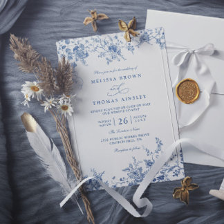 Elegante Florale Vintage Navy Blau QR Code Hochzei Einladung